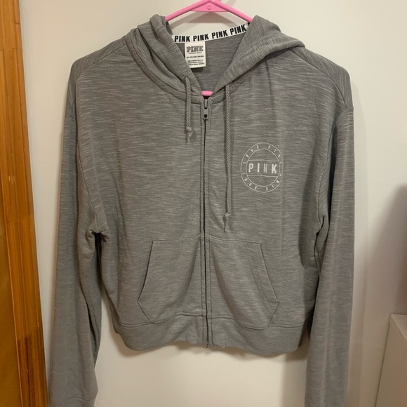 PINK VICTORIAS SECRET ZIP HOODIE IN GREY (CROPPED) - Picture 1 of 4
